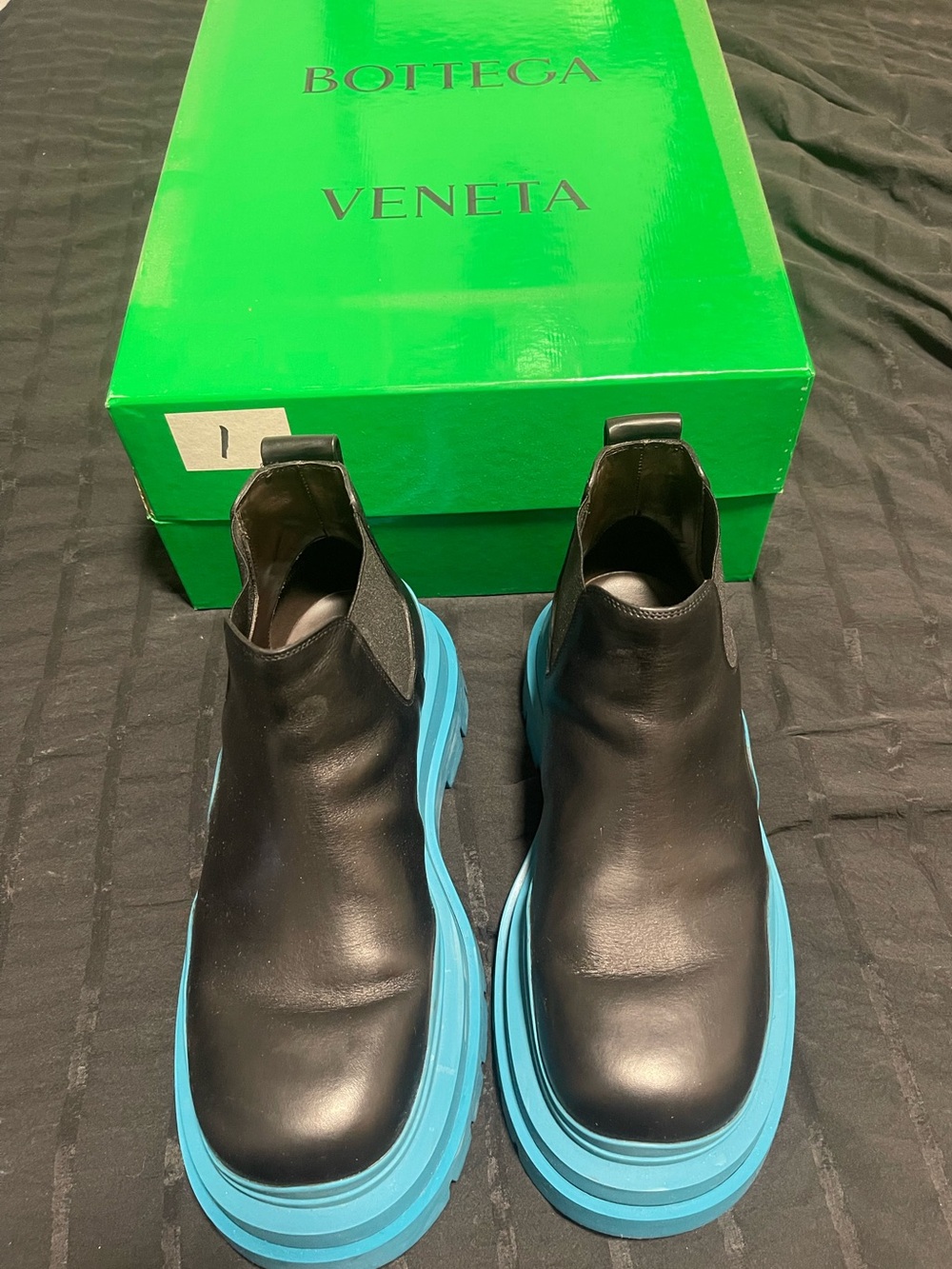 Bottega Veneta Black Leather Chukka Boots with Blue Platform Sole